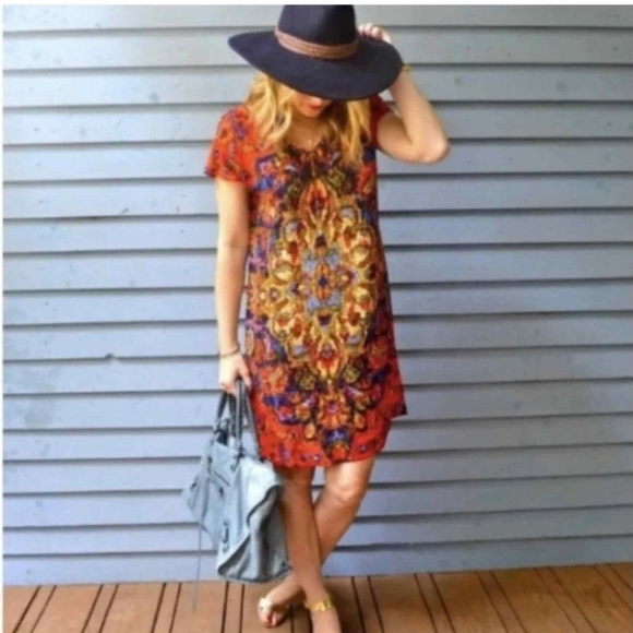 Anthropologie Maeve Watercolor Medallion Mini Sheath Dress Red Multi Small - Picture 2 of 9